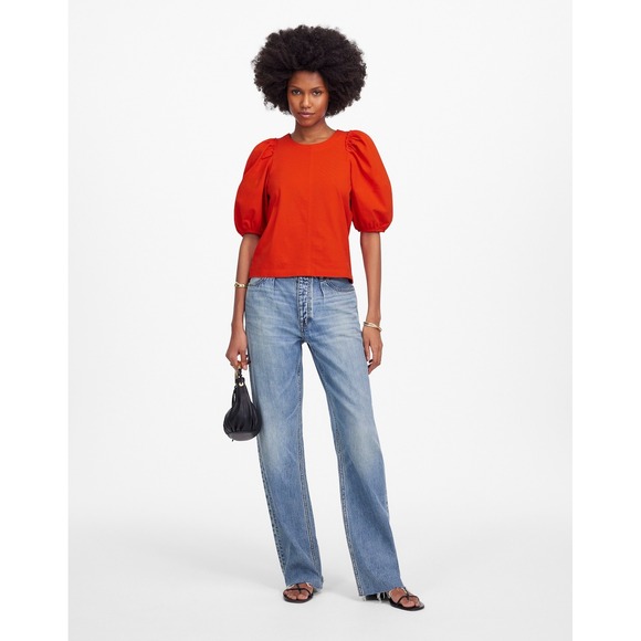 Madewell Puff Sleeve Short Sleeve‎ Crew Neck Tee Orange/Red Medium New With Tags - Picture 4 of 8